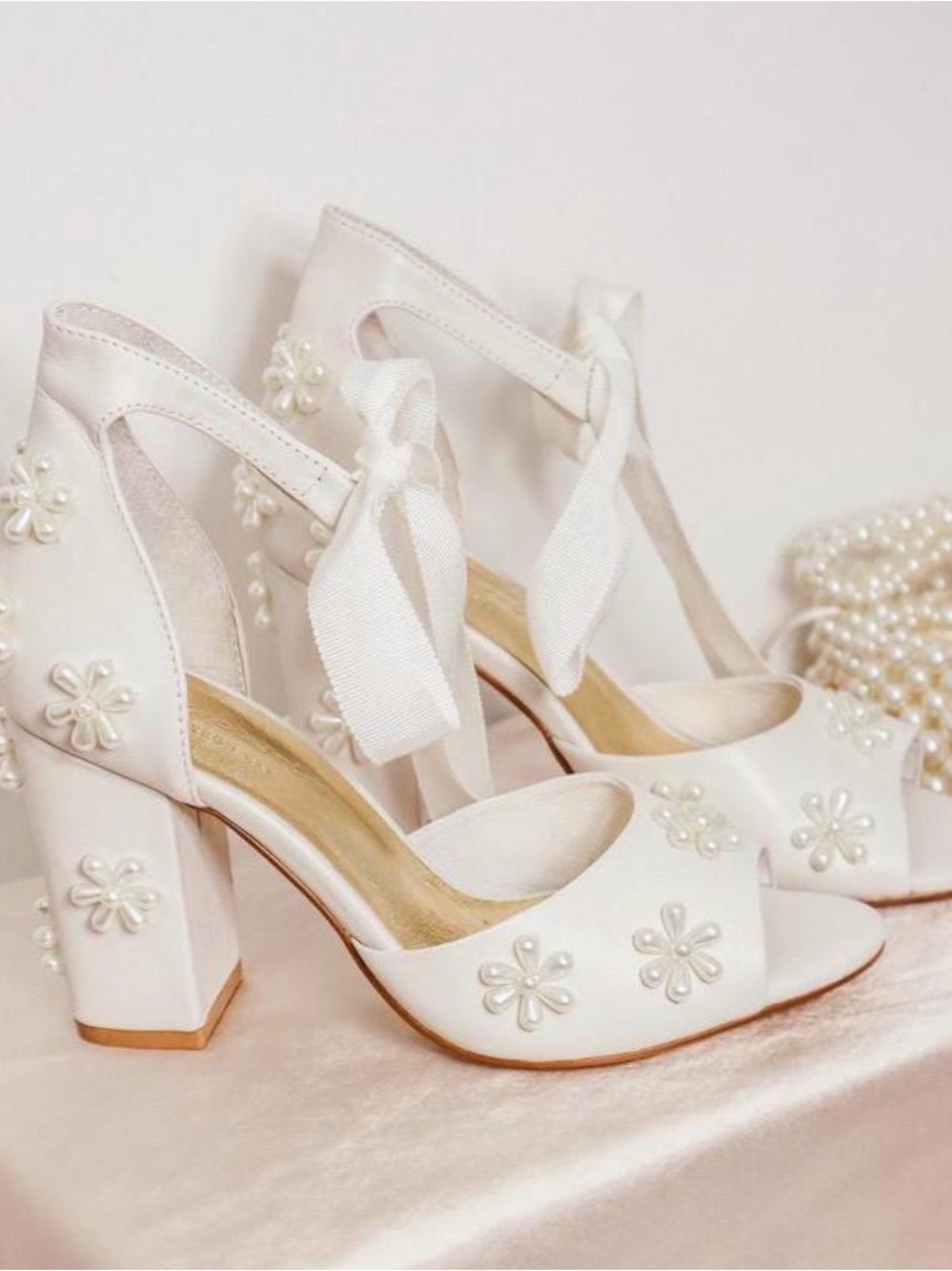 Forever Soles White Pearl-Embellished Block Bridal Heels